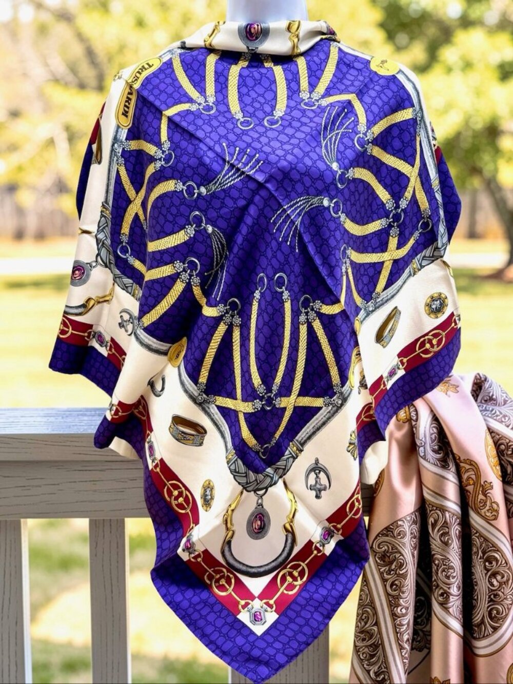 New- Beautiful  Trussardi 100% silk Scarf satin 35" Purple Blue White Gold  (17